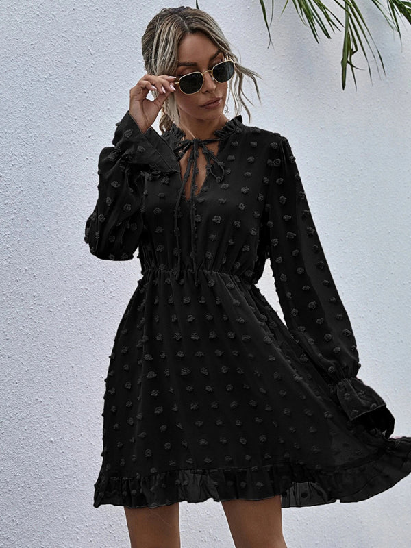 Women's Solid color polka dot jacquard long sleeve dress