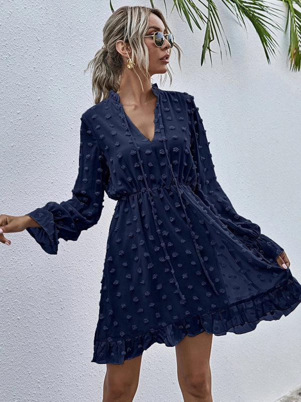 Women's Solid color polka dot jacquard long sleeve dress