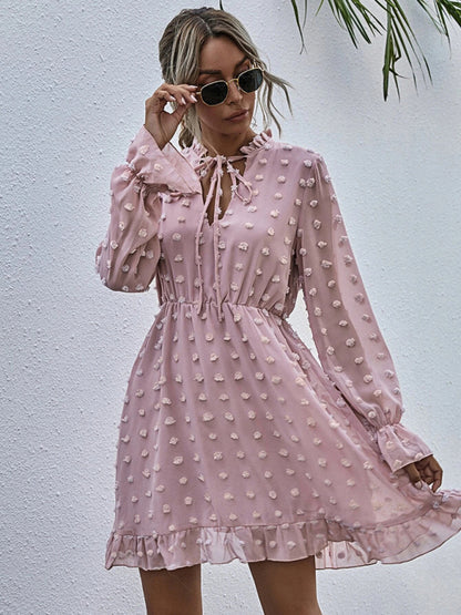 Women's Solid color polka dot jacquard long sleeve dress