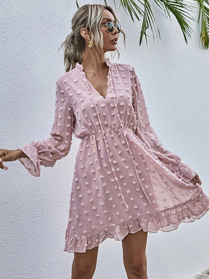 Women's Solid color polka dot jacquard long sleeve dress