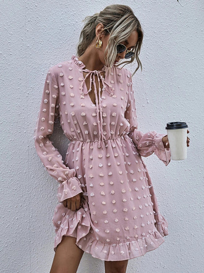 Women's Solid color polka dot jacquard long sleeve dress