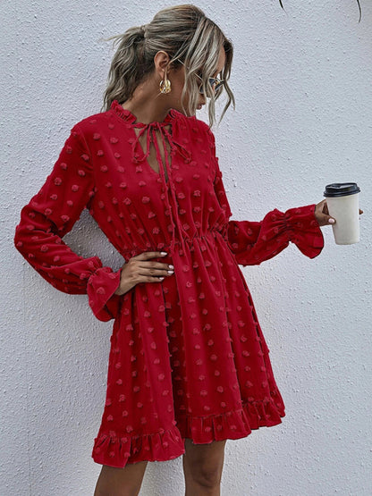 Women's Solid color polka dot jacquard long sleeve dress