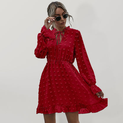 Women's Solid color polka dot jacquard long sleeve dress