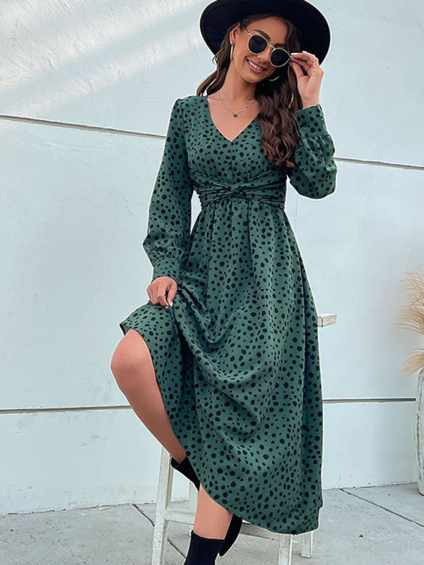 Women's Woven Casual Polka Dot Knotted Long Sleeve Dress