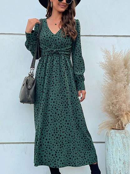 Women's Woven Casual Polka Dot Knotted Long Sleeve Dress