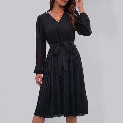 Women's Woven Long Sleeve Pleated V-Neck Dress