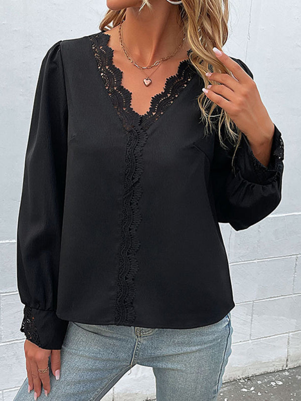 Women's woven V-neck lace long-sleeved shirt