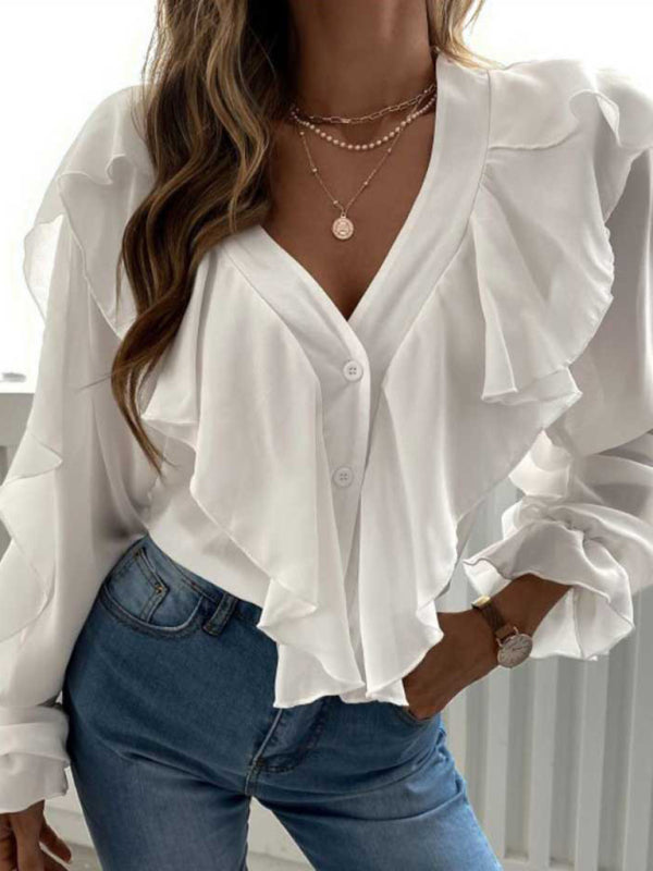 V Neck Ruffle Top Shirt Long Sleeves