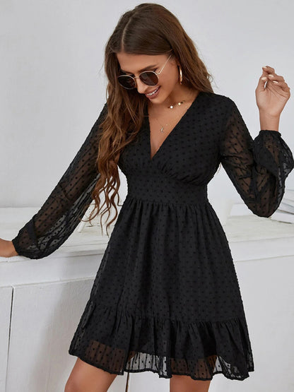 Women's solid elegant polka dot jacquard dress