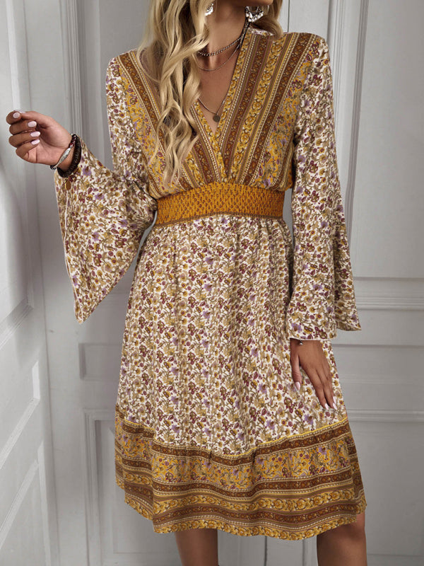 Women's V Neck Long Sleeve Bohemian Long Sleeve Dress