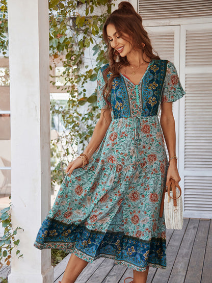 Women's V-neck short-sleeved bohemian long-sleeved dress