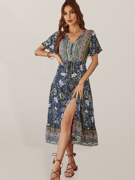 Women's V-neck short-sleeved bohemian long-sleeved dress