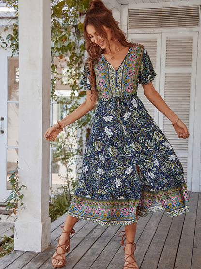 Women's V-neck short-sleeved bohemian long-sleeved dress