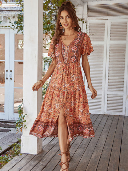 Women's V-neck short-sleeved bohemian long-sleeved dress