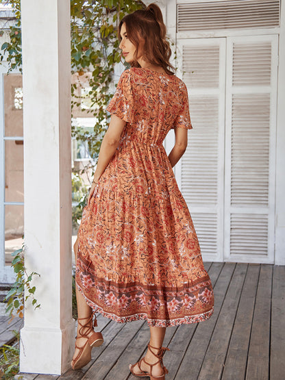 Women's V-neck short-sleeved bohemian long-sleeved dress