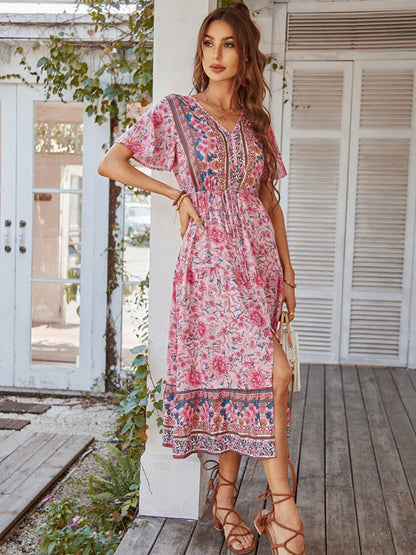 Women's V-neck short-sleeved bohemian long-sleeved dress