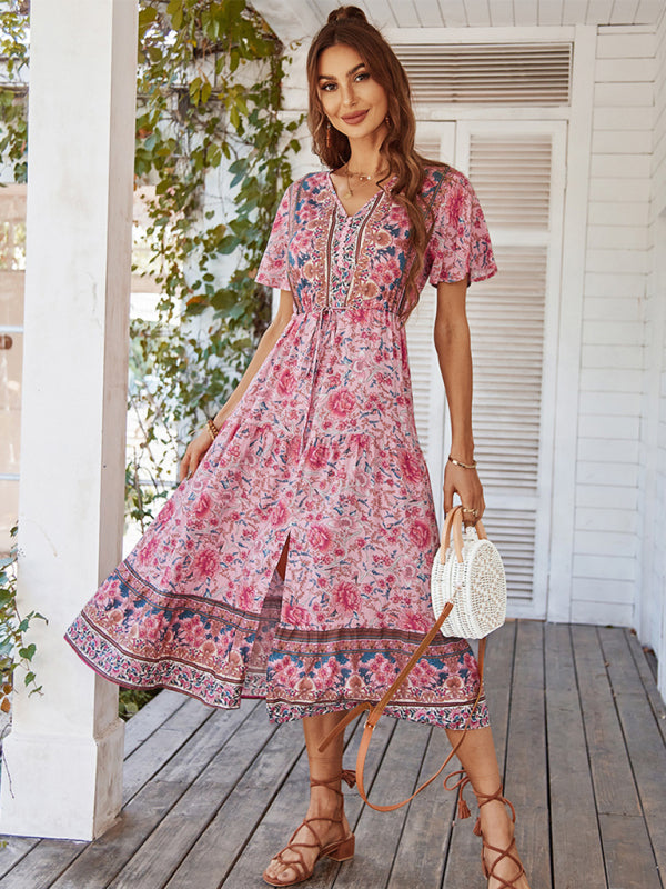 Women's V-neck short-sleeved bohemian long-sleeved dress