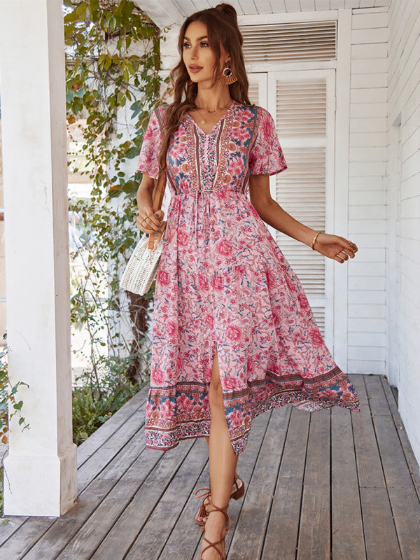 Women's V-neck short-sleeved bohemian long-sleeved dress