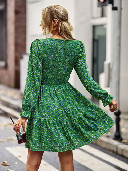 Round neck floral dress spring and summer long-sleeved all-match A-line skirt