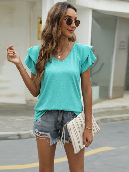 New solid color V-neck double layer ruffled sleeve loose top t-shirt