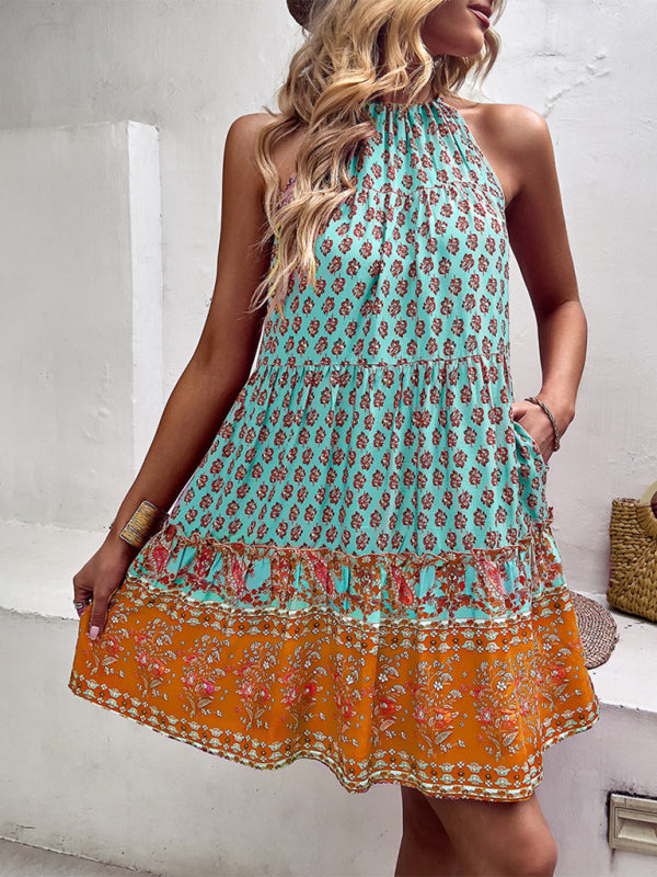 Women's bohemian print holiday halterneck dress