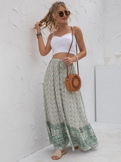 Women's New Arrival High Waist Printed Breasted Button Slit Skirt