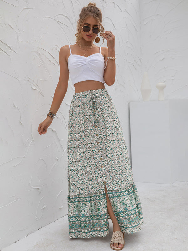 Women's New Arrival High Waist Printed Breasted Button Slit Skirt