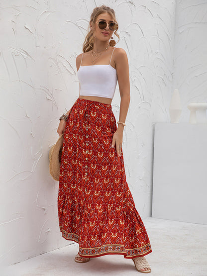 Women's New Arrival High Waist Printed Breasted Button Slit Skirt