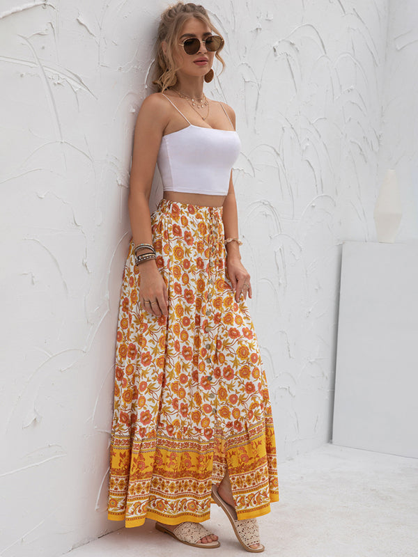 Women's New Arrival High Waist Printed Breasted Button Slit Skirt