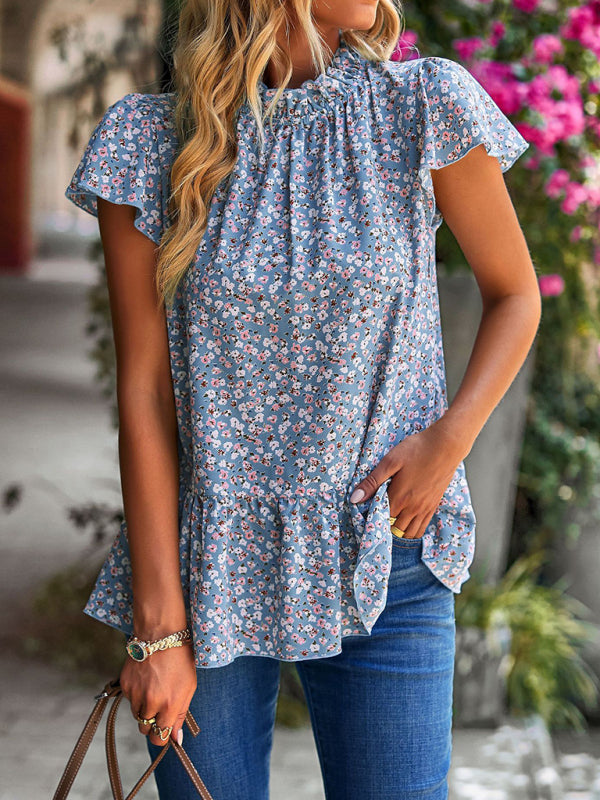 Summer new floral print turtleneck blouse loose holiday style