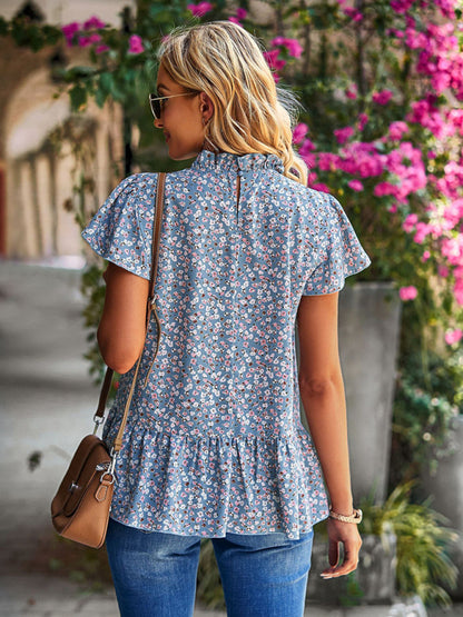 Summer new floral print turtleneck blouse loose holiday style