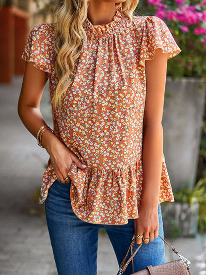 Summer new floral print turtleneck blouse loose holiday style