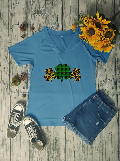 Women's V-neck clover print short-sleeved t-shirt