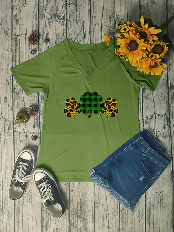 Women's V-neck clover print short-sleeved t-shirt