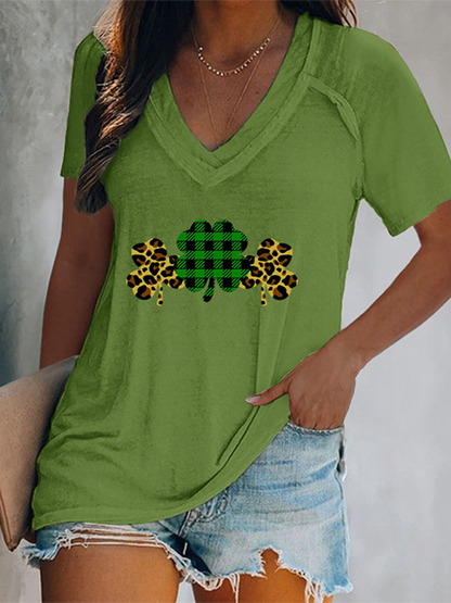 Women's V-neck clover print short-sleeved t-shirt