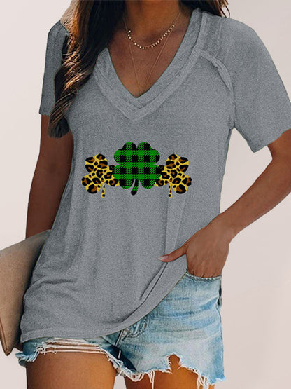 Women's V-neck clover print short-sleeved t-shirt