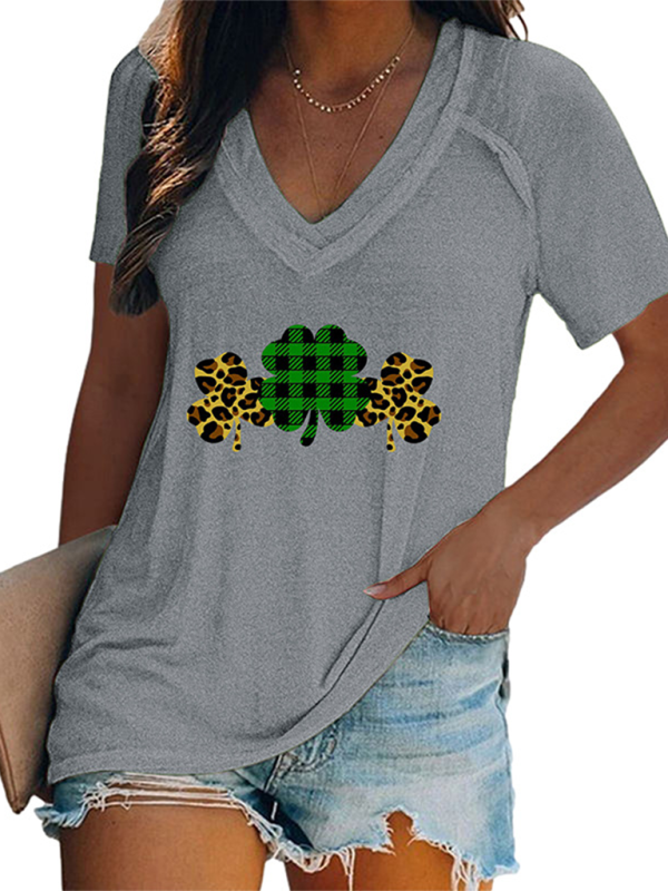 Women's V-neck clover print short-sleeved t-shirt