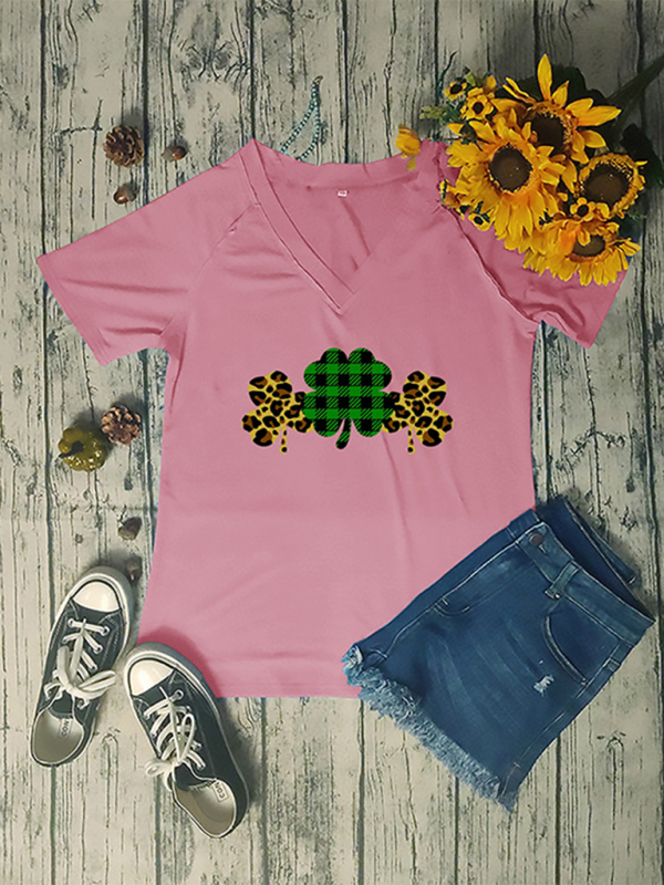 Women's V-neck clover print short-sleeved t-shirt