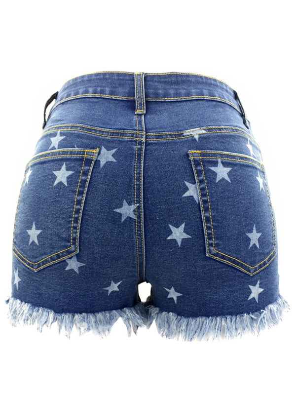 Women's Casual Fringe Pentagram Print High Waist Denim Shorts