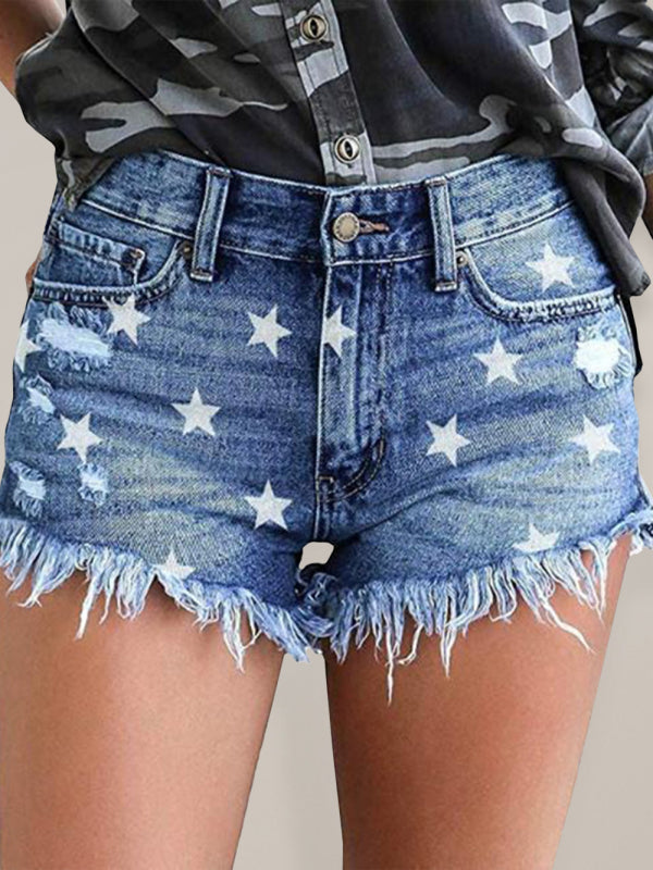 Women's Casual Fringe Pentagram Print High Waist Denim Shorts