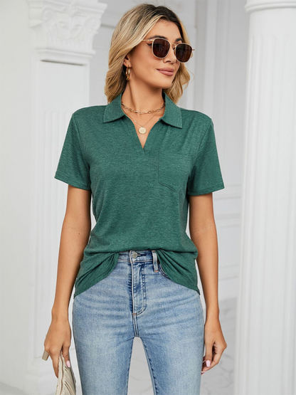 Women's solid color short-sleeved lapel pocket loose polo t-shirt