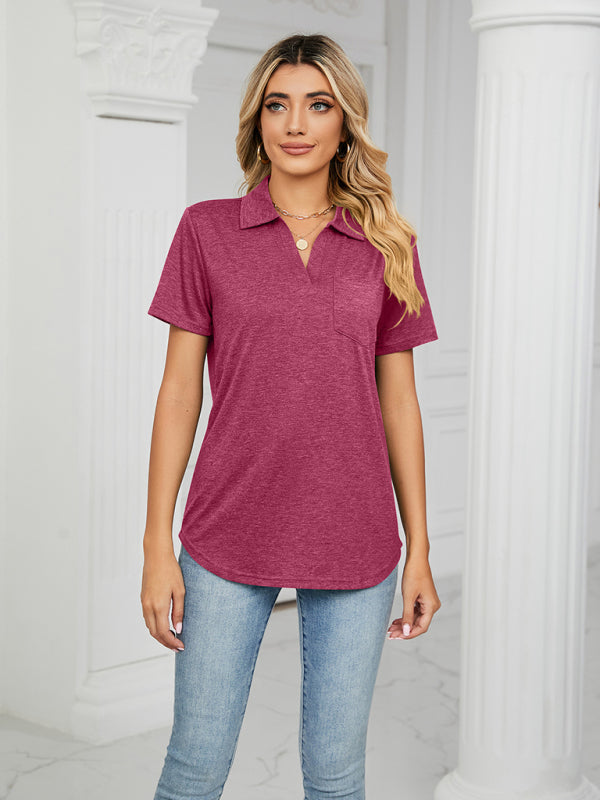 Women's solid color short-sleeved lapel pocket loose polo t-shirt