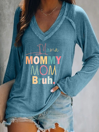 Women's knitted V-neck long-sleeve printed T-shirt