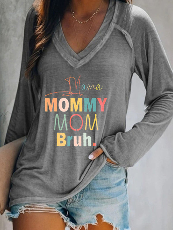 Women's knitted V-neck long-sleeve printed T-shirt