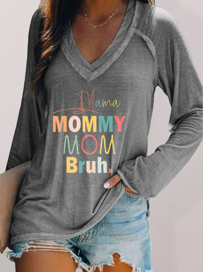 Women's knitted V-neck long-sleeve printed T-shirt