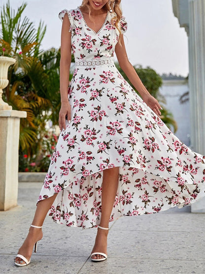 Women's Printed Sleeveless Swing Skirt Lace Waist Dress