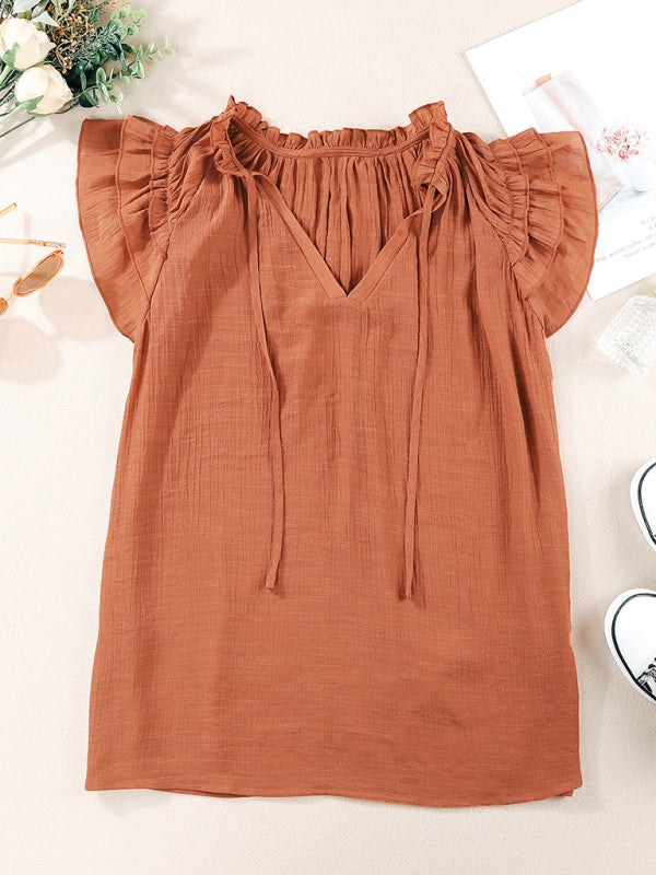 Women's woven casual V-neck lace-up small fly-sleeve shirt