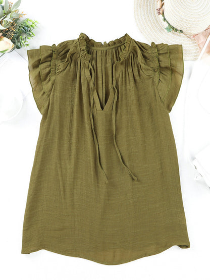 Women's woven casual V-neck lace-up small fly-sleeve shirt