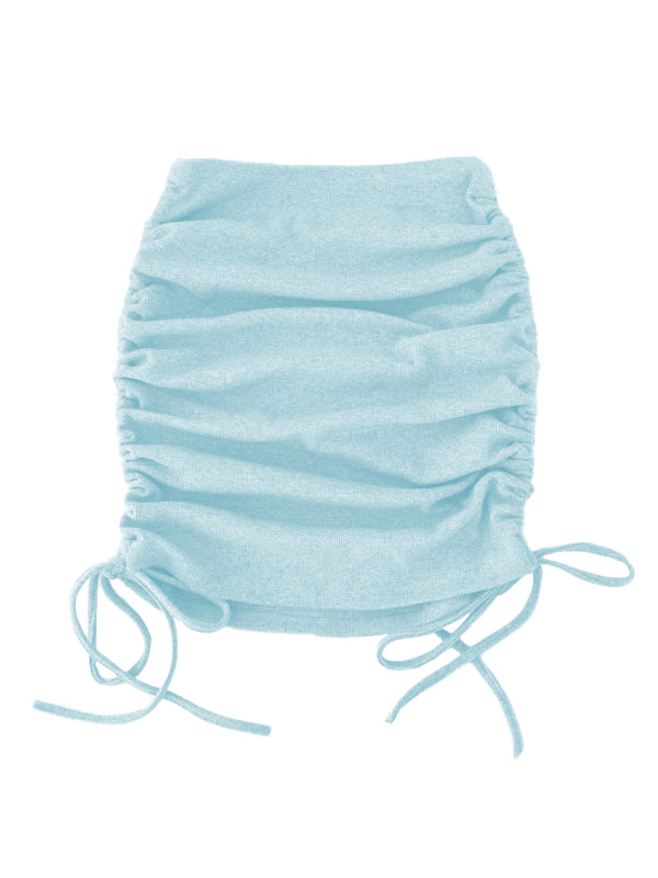 Women's Knit Rib Side Drawstring Stretch Ruffle Skirt