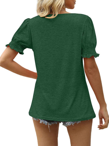 Summer Women's Puff Sleeve Pleated Short Sleeve V Neck T-Shirt